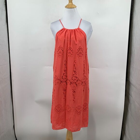 MSSP Max Studio Dress Women XS Extra Small Coral Halter Floral Crochet Keyhole - Picture 2 of 15